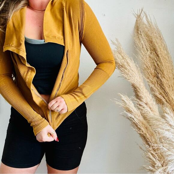 FP FREE PEOPLE Mustard Gold Yellow Zip Thermal Throw Out Jacket Sweater Top XS S - Picture 11 of 13